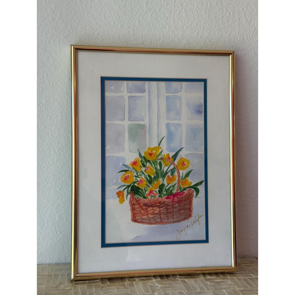Signed Original Watercolor Floral Basket Painting, Framed Ready to Hang 14x10